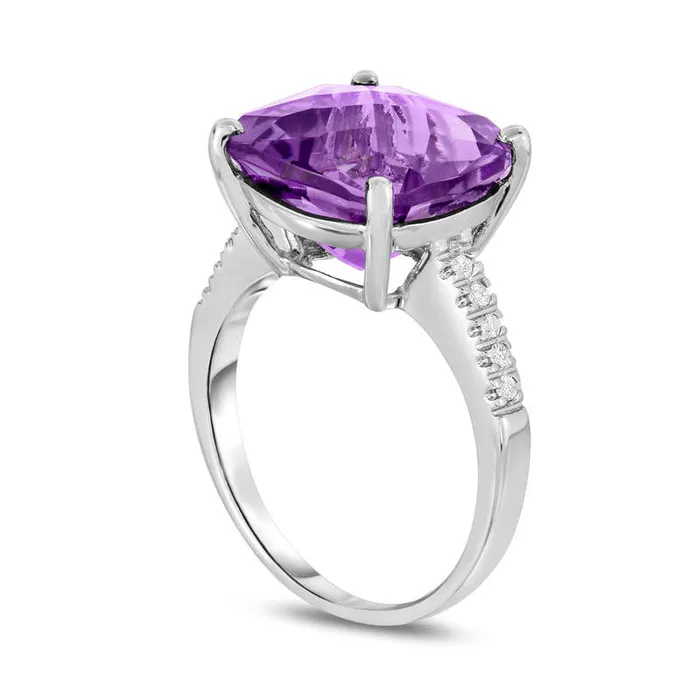 120mm CushionCut Amethyst and 007 CT TW Natural Diamond Ring in Solid 14K White Gold Goldia Rings 120mm CushionCut Amethyst and 007 CT TW Natural Diamond Ring in Solid 14K White Gold Goldia Rings