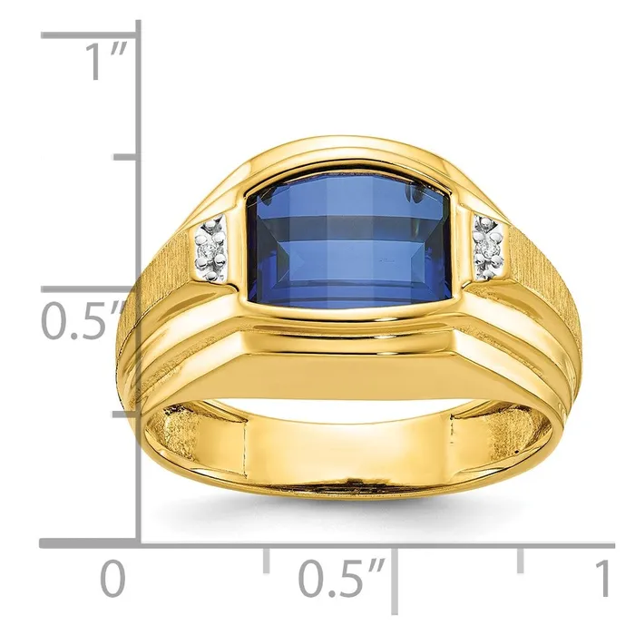 14k Yellow Gold Mens Polished and Satin Created Sapphire and Diamond Complete Ring Goldia Rings