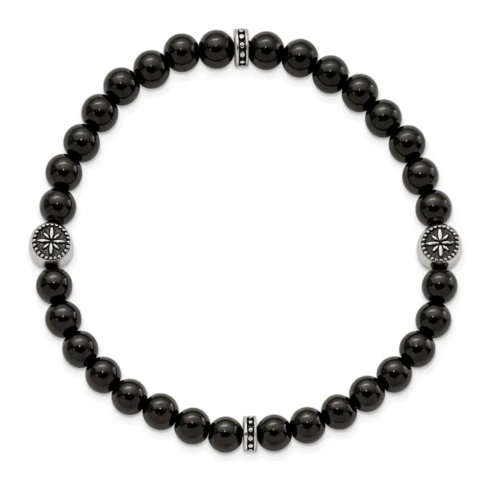 Bracelets Chisel Stainless Steel Antiqued and Polished 6mm Black Agate Beaded Stretch Bracelet TreasureFineJewelers