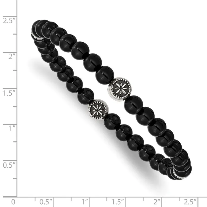 Bracelets Chisel Stainless Steel Antiqued and Polished 6mm Black Agate Beaded Stretch Bracelet TreasureFineJewelers