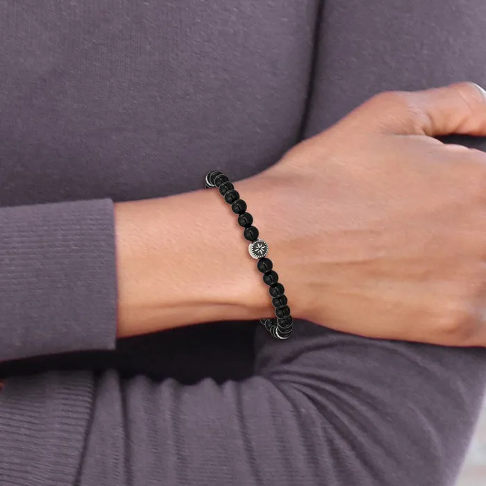 Bracelets Chisel Stainless Steel Antiqued and Polished 6mm Black Agate Beaded Stretch Bracelet TreasureFineJewelers