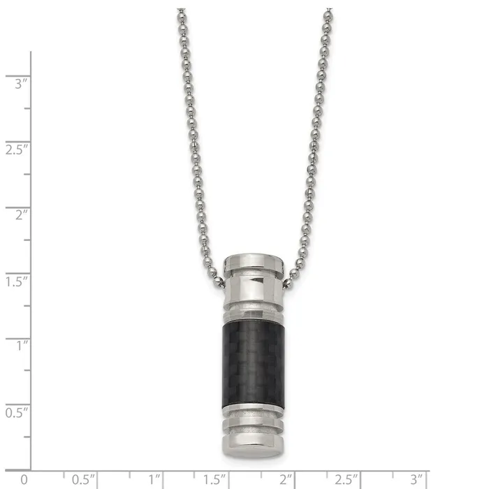 Necklaces TreasureFineJewelers Chisel Stainless Steel Polished with Black Carbon Fiber Inlay Cylinder on a 22 inch Ball Chain Necklace