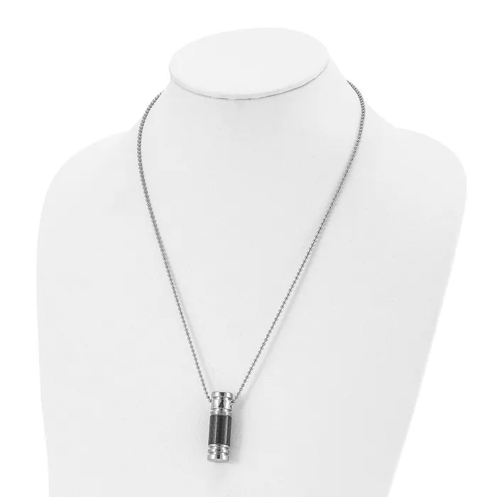 Necklaces TreasureFineJewelers Chisel Stainless Steel Polished with Black Carbon Fiber Inlay Cylinder on a 22 inch Ball Chain Necklace