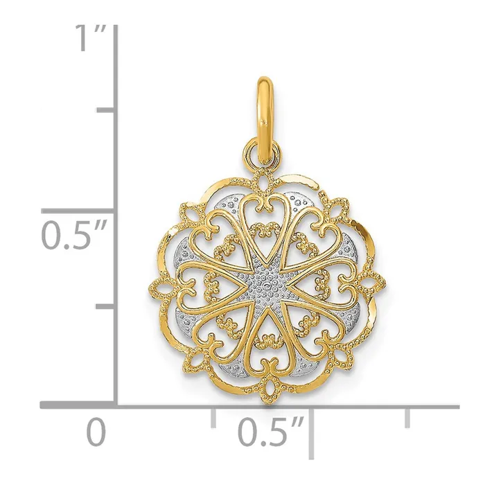 TreasureFineJewelers Charm Necklaces 14K wRhodium and DC Filigree Heart Round Charm