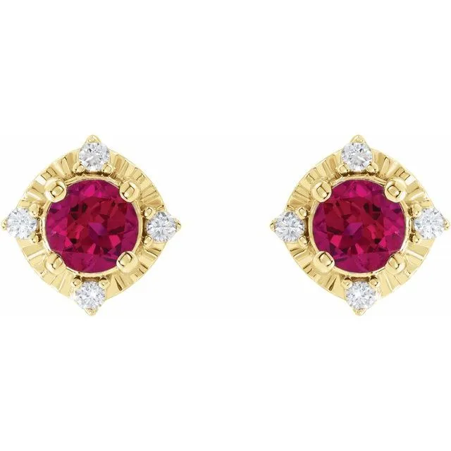 TreasureFineJewelers Earrings 14K Yellow Gold LabGrown Ruby 08 CTW Natural Diamond HaloStyle Earrings
