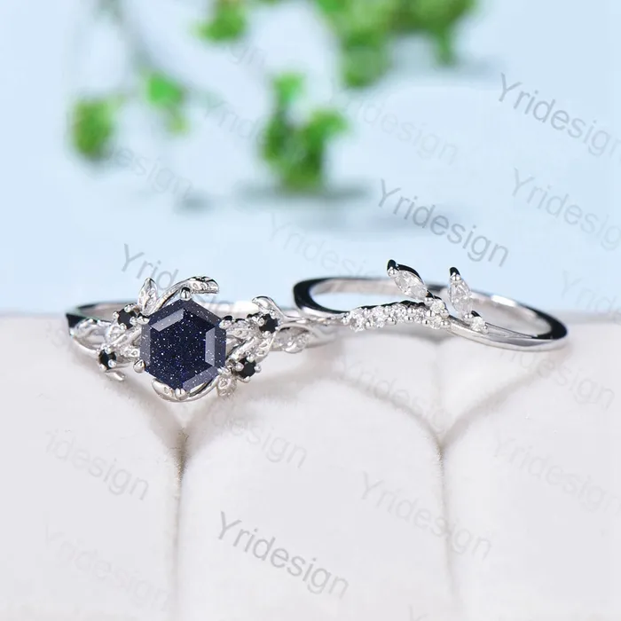 Rings PENFINE 2Pcs Vintage blue sandstone wedding ring set Elegant Inspired leaf galaxy engagement ring for women Crystal promise ring Unique bridal set Rings PENFINE 2Pcs Vintage blue sandstone wedding ring set Elegant Inspired leaf galaxy engagement ring for women Crystal promise ring Unique bridal set