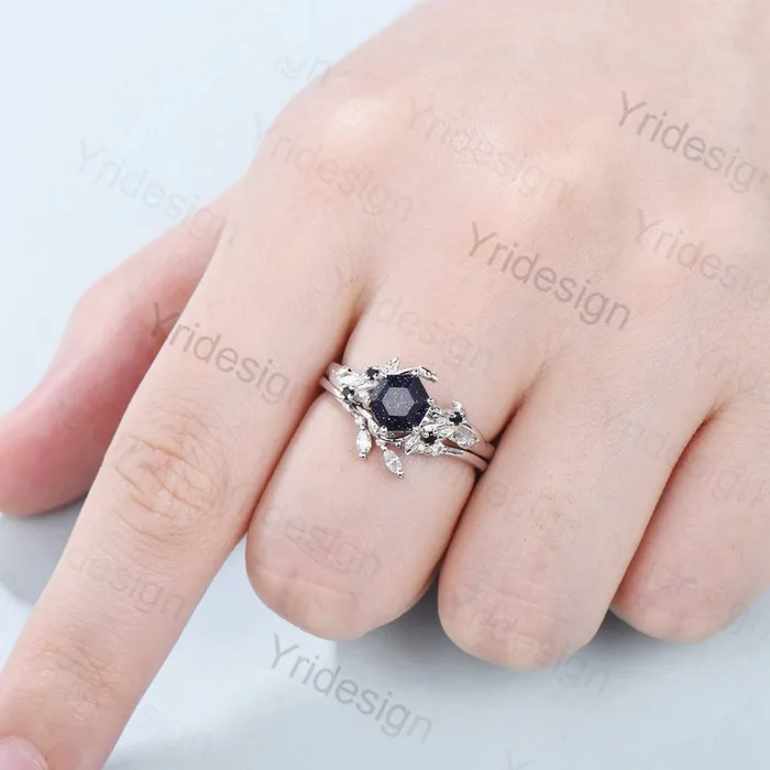Rings PENFINE 2Pcs Vintage blue sandstone wedding ring set Elegant Inspired leaf galaxy engagement ring for women Crystal promise ring Unique bridal set Rings PENFINE 2Pcs Vintage blue sandstone wedding ring set Elegant Inspired leaf galaxy engagement ring for women Crystal promise ring Unique bridal set