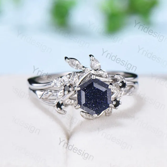 Rings PENFINE 2Pcs Vintage blue sandstone wedding ring set Elegant Inspired leaf galaxy engagement ring for women Crystal promise ring Unique bridal set Rings PENFINE 2Pcs Vintage blue sandstone wedding ring set Elegant Inspired leaf galaxy engagement ring for women Crystal promise ring Unique bridal set