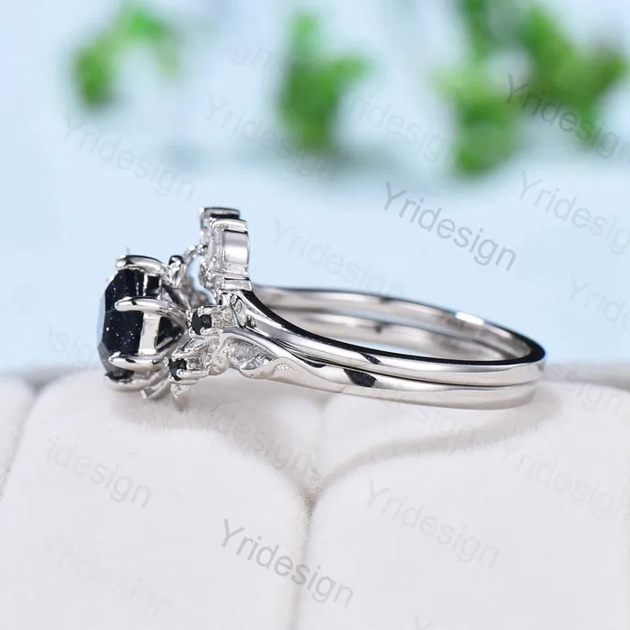 Rings PENFINE 2Pcs Vintage blue sandstone wedding ring set Elegant Inspired leaf galaxy engagement ring for women Crystal promise ring Unique bridal set Rings PENFINE 2Pcs Vintage blue sandstone wedding ring set Elegant Inspired leaf galaxy engagement ring for women Crystal promise ring Unique bridal set
