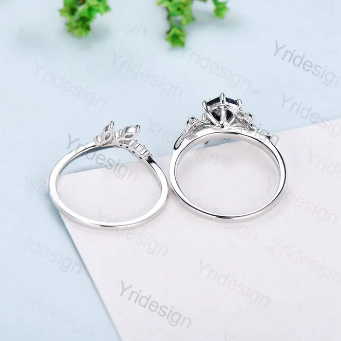 Rings PENFINE 2Pcs Vintage blue sandstone wedding ring set Elegant Inspired leaf galaxy engagement ring for women Crystal promise ring Unique bridal set Rings PENFINE 2Pcs Vintage blue sandstone wedding ring set Elegant Inspired leaf galaxy engagement ring for women Crystal promise ring Unique bridal set