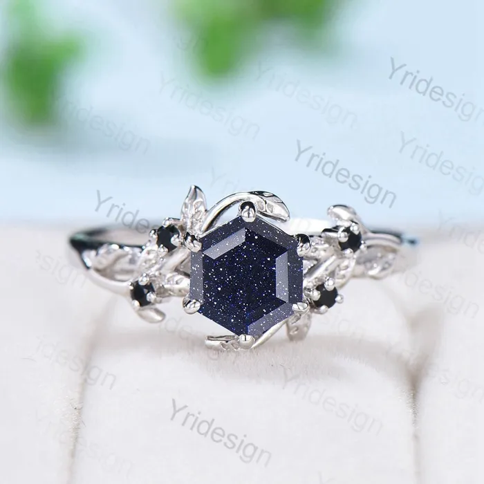Rings PENFINE 2Pcs Vintage blue sandstone wedding ring set Elegant Inspired leaf galaxy engagement ring for women Crystal promise ring Unique bridal set Rings PENFINE 2Pcs Vintage blue sandstone wedding ring set Elegant Inspired leaf galaxy engagement ring for women Crystal promise ring Unique bridal set