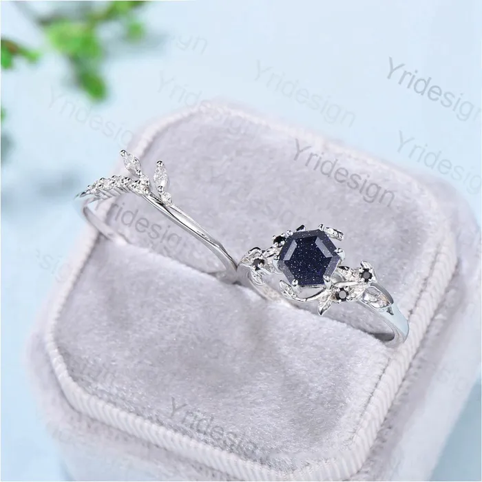 Rings PENFINE 2Pcs Vintage blue sandstone wedding ring set Elegant Inspired leaf galaxy engagement ring for women Crystal promise ring Unique bridal set Rings PENFINE 2Pcs Vintage blue sandstone wedding ring set Elegant Inspired leaf galaxy engagement ring for women Crystal promise ring Unique bridal set