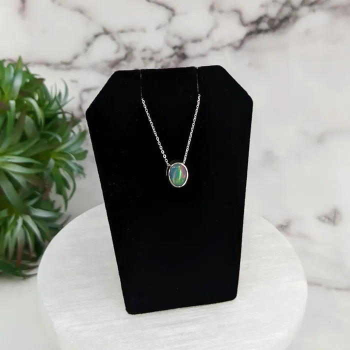 Bliss Crystals Necklaces Ethiopian Opal Polished Oval Necklace Sterling Silver Slider Pendant on 18 Chain LV3251