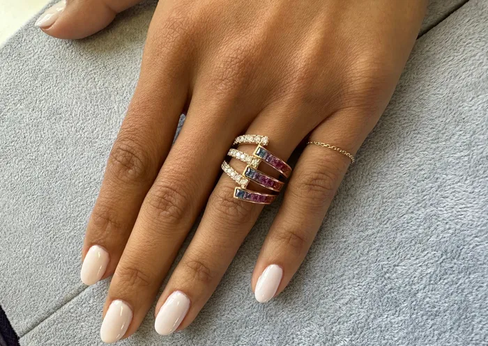 Rings Albert Hern Ring 18kt Gold Wrap Rainbow Square Sapphires Diamonds Rings Albert Hern Ring 18kt Gold Wrap Rainbow Square Sapphires Diamonds