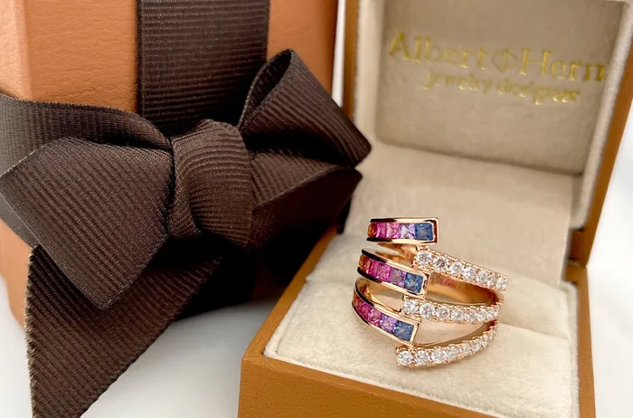 Rings Albert Hern Ring 18kt Gold Wrap Rainbow Square Sapphires Diamonds Rings Albert Hern Ring 18kt Gold Wrap Rainbow Square Sapphires Diamonds