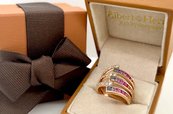 Rings Albert Hern Ring 18kt Gold Wrap Rainbow Square Sapphires Diamonds Rings Albert Hern Ring 18kt Gold Wrap Rainbow Square Sapphires Diamonds