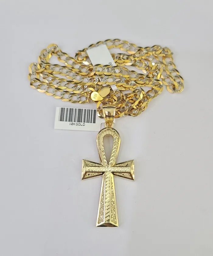 Gold and Diamond Necklaces 10k Solid Gold Cuban Curb Chain Jesus Cross Pendant 6mm 2030 SET Necklace