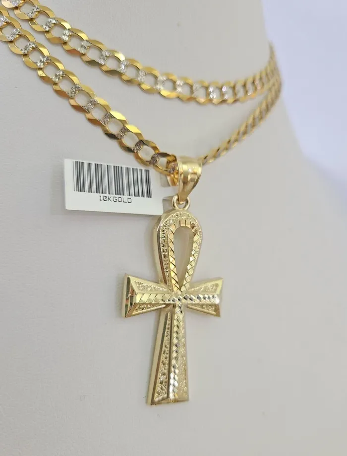 Gold and Diamond Necklaces 10k Solid Gold Cuban Curb Chain Jesus Cross Pendant 6mm 2030 SET Necklace