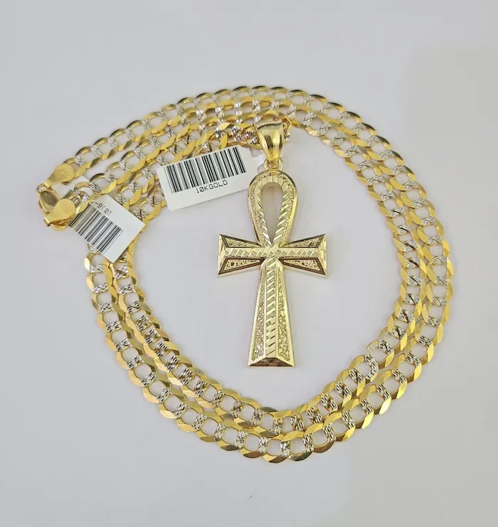 Gold and Diamond Necklaces 10k Solid Gold Cuban Curb Chain Jesus Cross Pendant 6mm 2030 SET Necklace