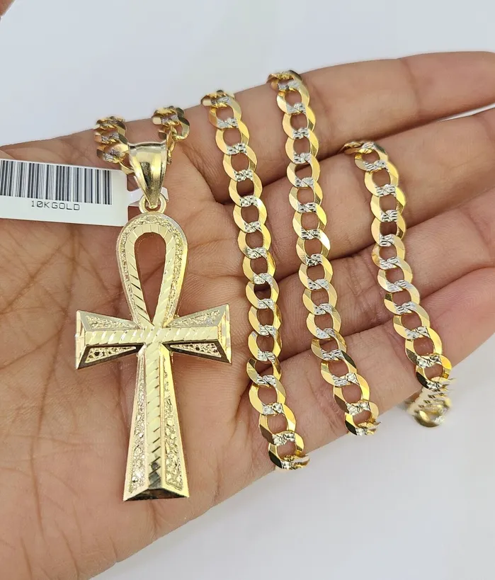 Gold and Diamond Necklaces 10k Solid Gold Cuban Curb Chain Jesus Cross Pendant 6mm 2030 SET Necklace